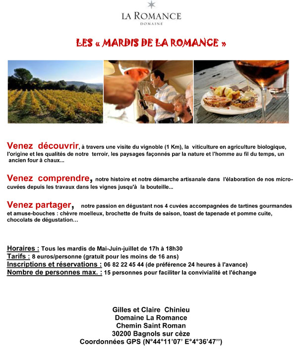 Les Mardis de La Romance reprennent à partir du mardi 2 mai vins 